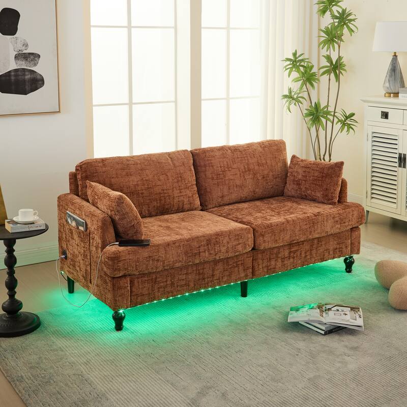 Modern Style Chenille 2-Seater Wood-Legged Sofa With Led Light,USB Charging Port And Storage Bag Living Room Bedroom Study Room