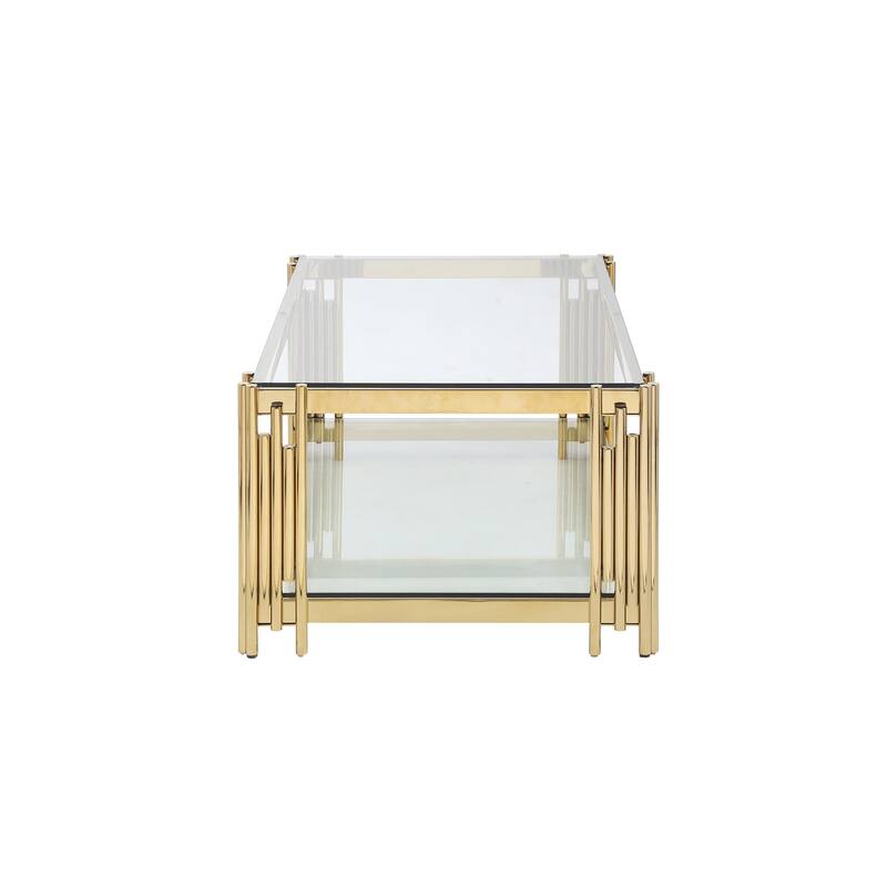 48" Wide Rectangular Coffee Table with Glass Top, Golden Stainless Steel Double-Layer Coffee Table for Living Room