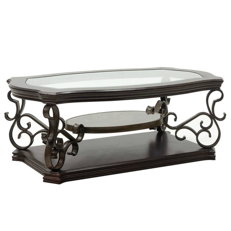 Elegant 52" Traditional Cocktail Table with Beveled Glass Top and Marble Paper Shelf