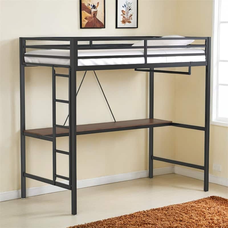 Sturdy Twin Loft Bed Black with Cinnamon Wood Desk and Closet Rod