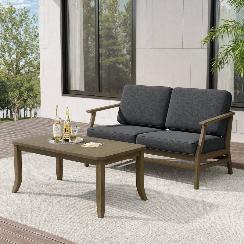 Teak Outdoor Patio Loveseat and Coffee Table Set (2-Piece) - Dark Grey - Natural Wood