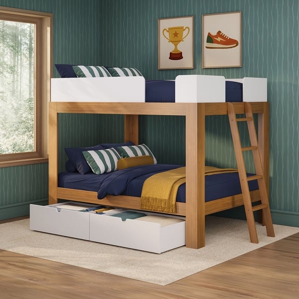 slide 2 of 21, Mid-Century Modern Full over Full Bunk Bed with Storage Drawers Pecan/White