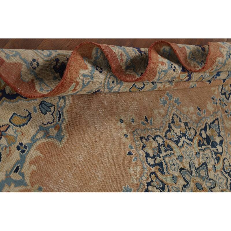 Orange Kerman Vintage Persian Area Rug Hand-Knotted Wool Carpet - 7'0" x 9'10"