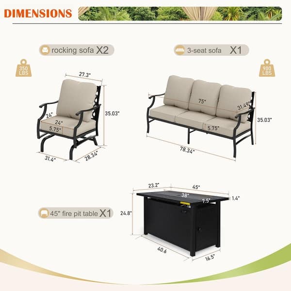 dimension image slide 5 of 19, MAISON ARTS Outdoor Sofa Set 4/6-Piece Patio Conversation Set with 45'' Gas Fire Pit Table