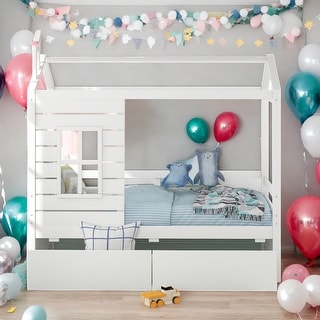 Modern Twin Size House Bed Wood Bed With Two Drawers And Solid Construction