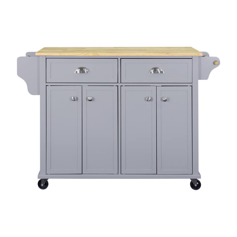 Farmhouse Wood Top Kitchen Island with 2 Drawer & Adjustable Shelves, Movable Storage Kitchen Cart with Spice Rack & Towel Bar