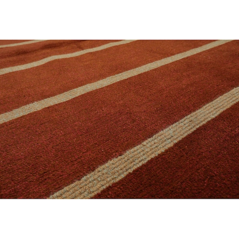 Hand Knotted Tibetan Orange Striped Wool Modern Oriental Area Rug - 4' x 6'