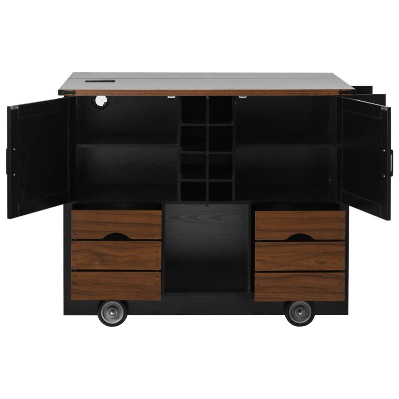 Anmytek 54" Farmhouse Rolling Kitchen Island with Drop Leaf, Power Outlet, Storage Cart, Drawers, Wheels, Spice Rack, Black