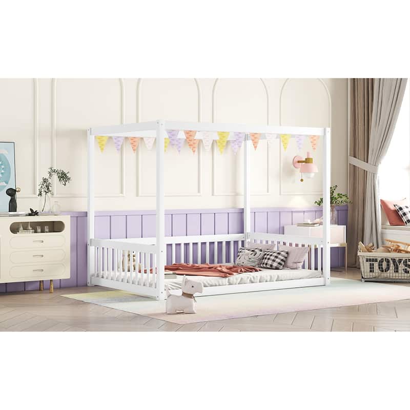 Roomfitters Full Canopy Frame Floor Bed, Rubber Wood Platform with Guardrails and Low-Profile Design, White
