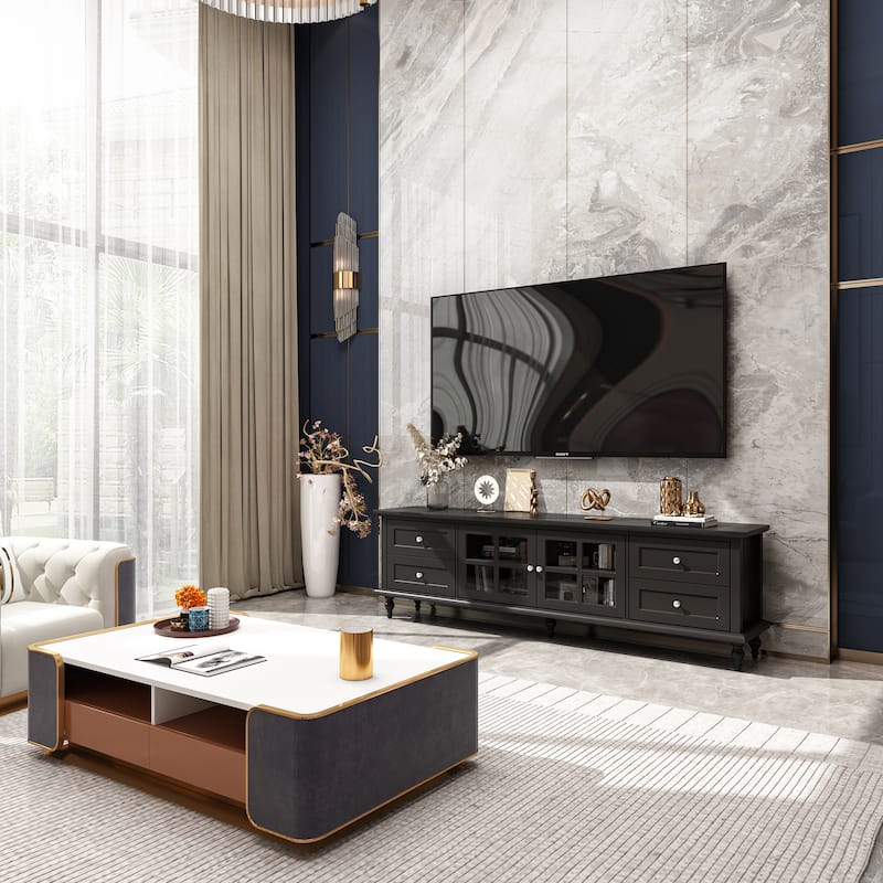 Modern White TV Stand w/Glass Doors and Drawers Entertainment Console - 70.9"