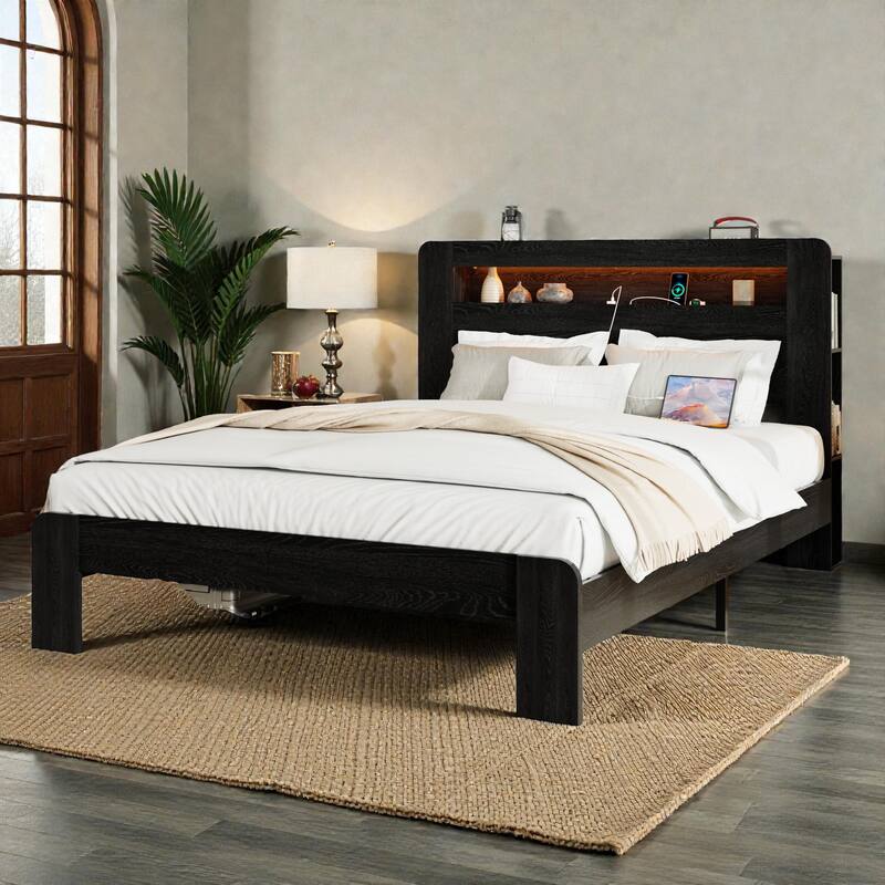 Wood Platform Bed Frame with LED Storage Headboard, USB Charging Ports, Noise-Free Design & Large Underbed Storage