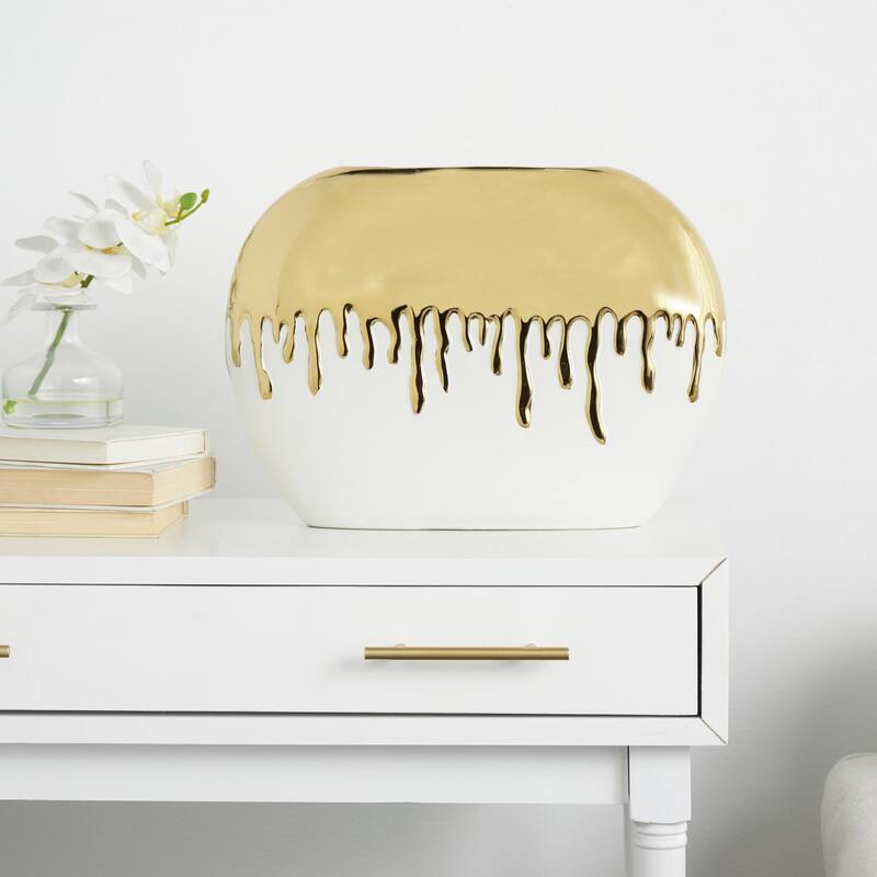 Ceramic Decorative Vase with Abstract Gold Melting Drips - Black or White - CosmoLiving by Cosmopolitan