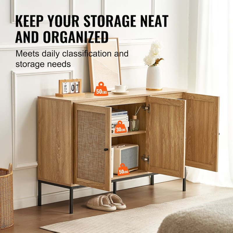 47i Ich Natural Rattan Storage Cabinet with 3 Magnetic Doors and Adjustable Shelves - 47.2 x 14.1 x 31.5 in