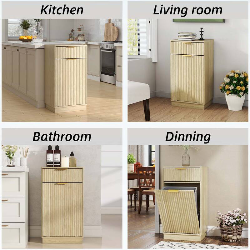 Tilt-Out Trash Can Cabinet with Wave-Textured Hideaway Drawer and Pull-Out Bin,Multipurpose Living Room