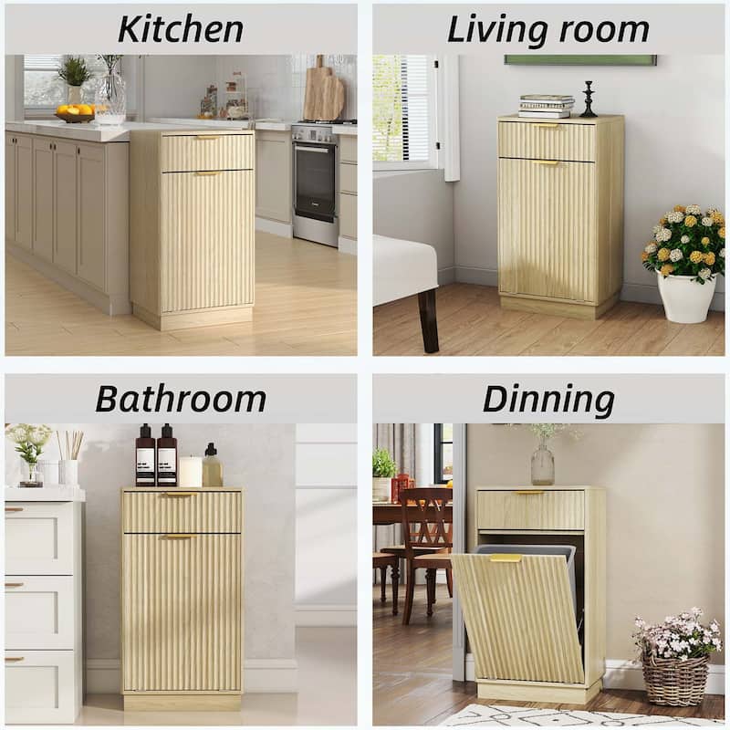 Wood Tilt-Out Trash Can Cabinet with Wave-Textured Hideaway Drawer and Pull-Out Bin,