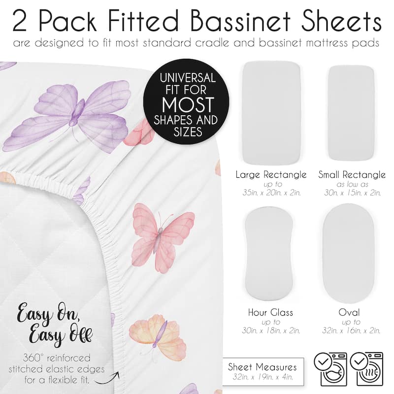 Sweet Jojo Designs Pink/Purple Shabby Chic Butterfly Girl 2 Pack Baby Bassinet Fitted Sheets - Blush Colorful Butterflies Pastel