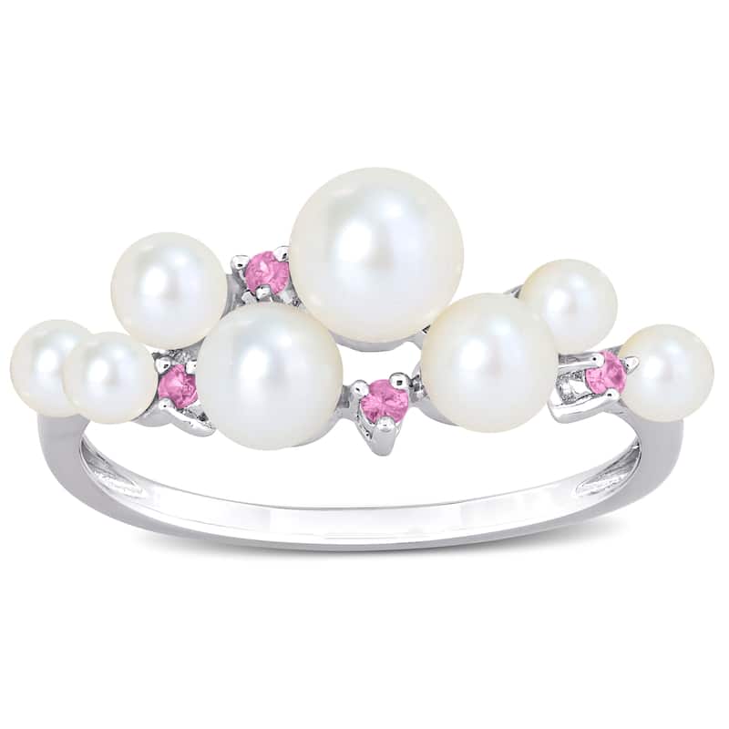 Miadora 3-5.5mm Cultured Freshwater Pearl and 1/10ct TGW Pink Sapphire Ring in Sterling Silver