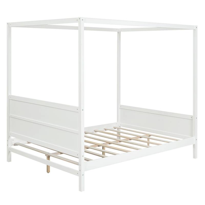 White Modern Pine Wood Canopy Bed, Headboard/Footboard, Storage Space Under