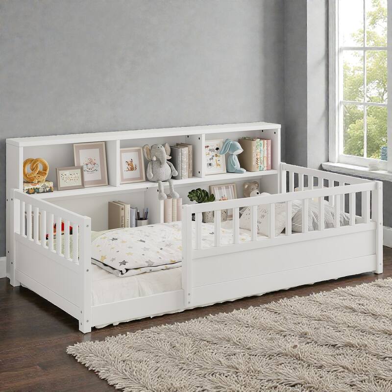 Wooden Floor Bed with Fence Guardrails, Montessori Style Kids Bed Frame with Side Storage Design