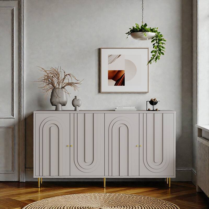 Modern Lacquered 4-Door Sideboard Buffet Cabinet with Adjustable Shelves, Wooden Storage Cabinet for Living Room - Grey