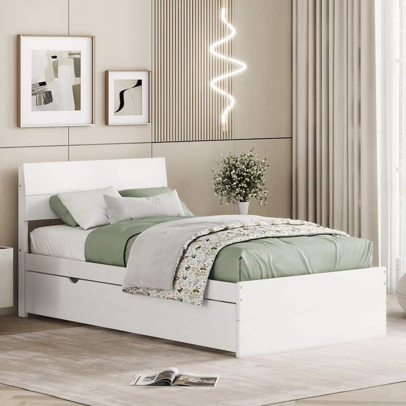 Modern White High Gloss Twin Bed Frame with Trundle and Creamy White Wood Grain Design