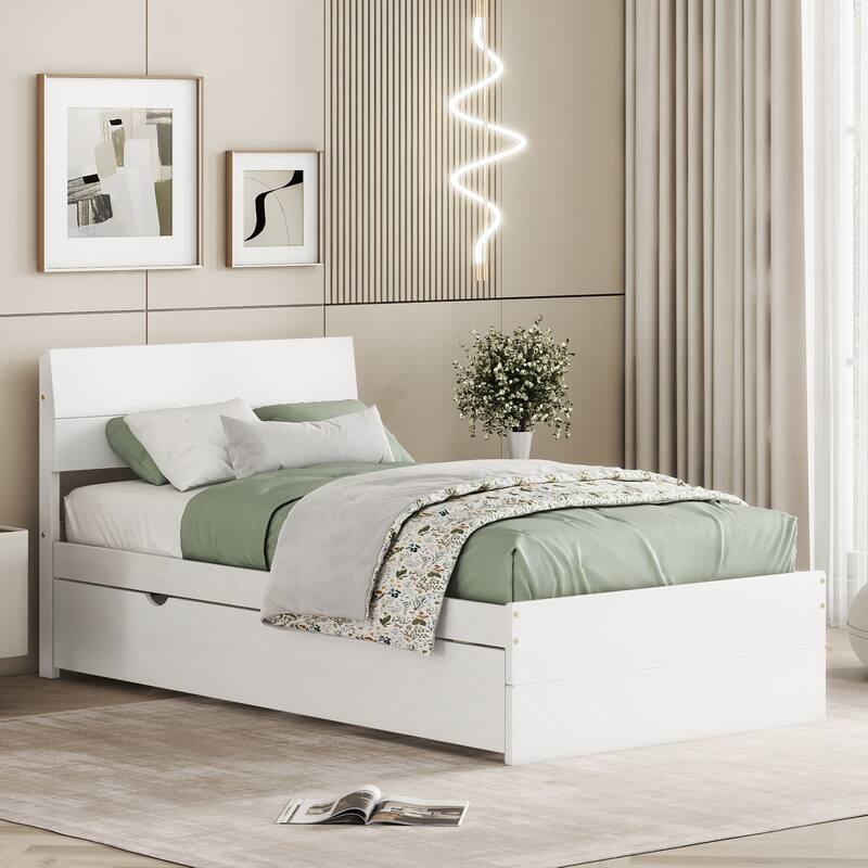 Twin Platform Bed with Trundle, High Gloss Headboard and Footboard