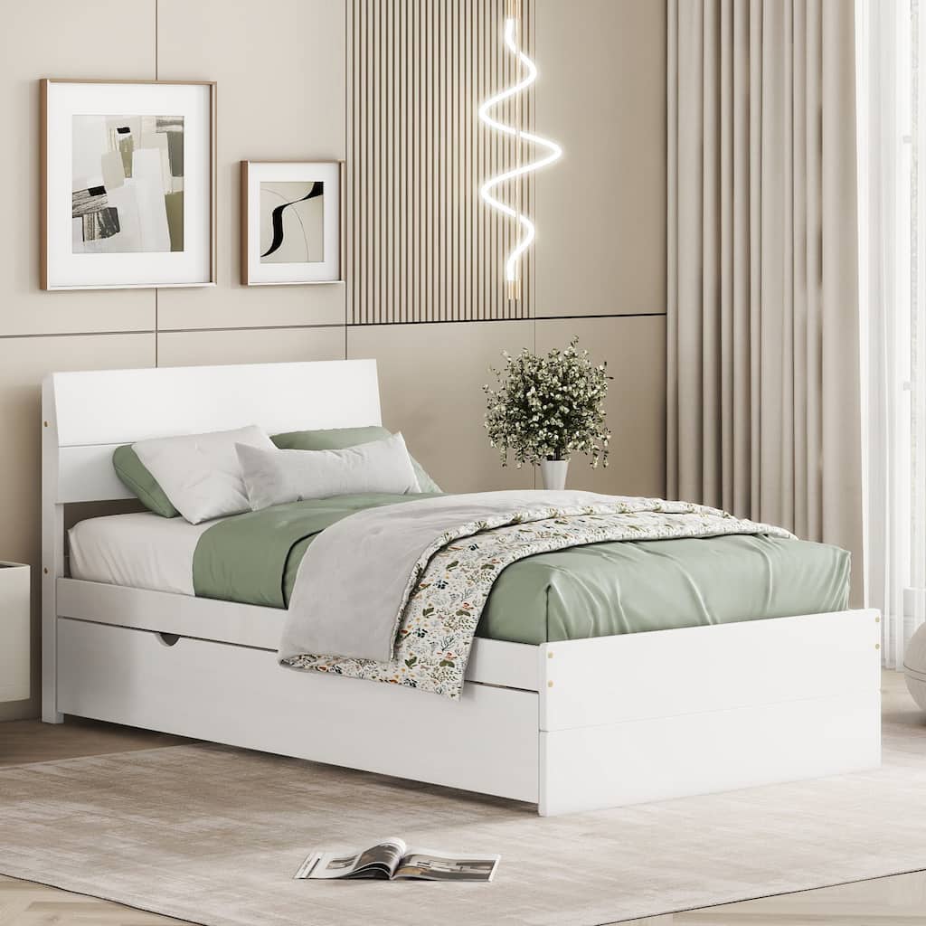 Wooden Twin Size Platform Bed with Trundle Bed, Rubber Wood Twin Bed Frame with High Gloss Headboard and Footboard