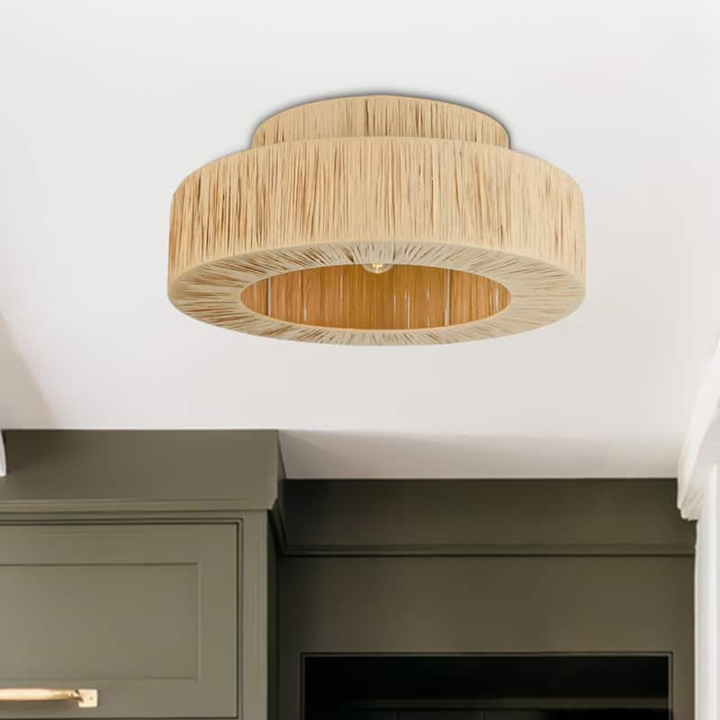 Maxax 1 - Light Raffia Dimmable Metal Drum Flush Mount - 17.7"*17.7"*8.5" - Wood