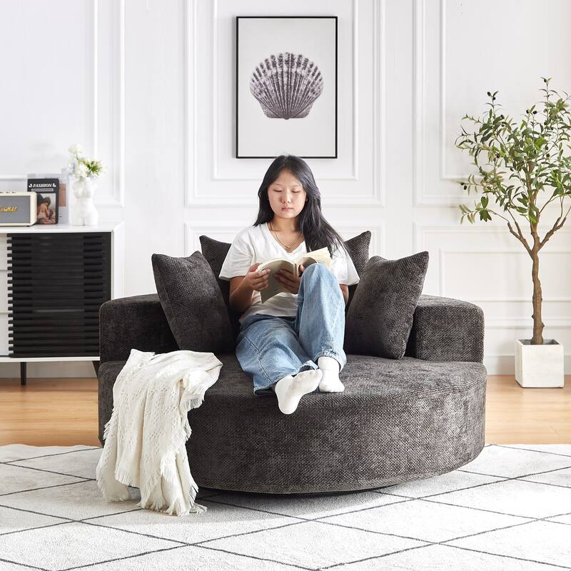 360 Degree Swivel Sofa Chair with Backrest Pillow for Livingroom 55'' Chenille Single Sofa, Round Fluffy Sleeper Sofa