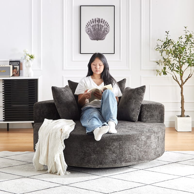 Oversized Swivel Barrel Chair, Chenille Upholstered Round Armchair, Single Sofa Chair with Headrest & 3 Cozy Pillows