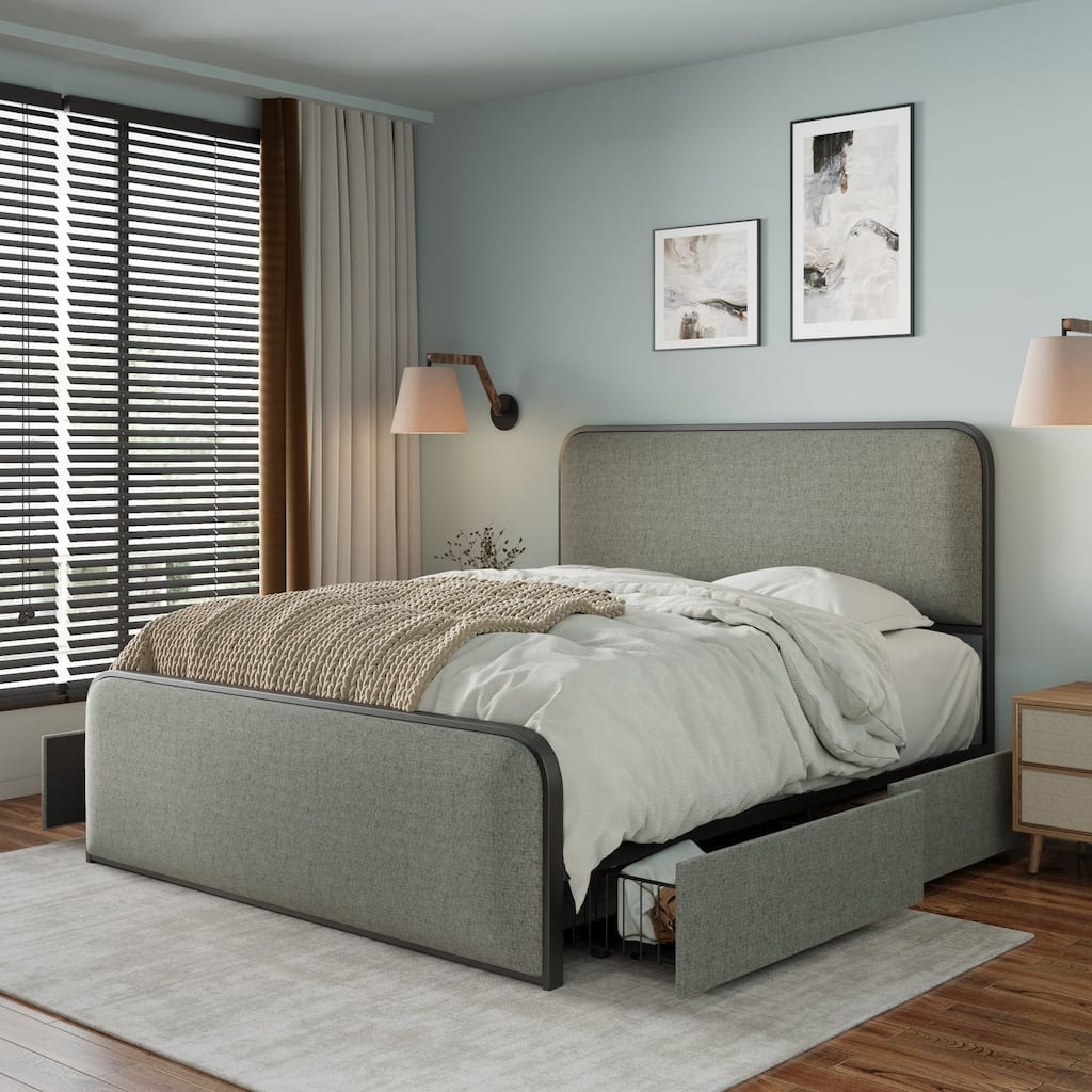 Metal Frame Queen Size Platform Beds with Headboard ,Footboard and 4 Storage Drawers