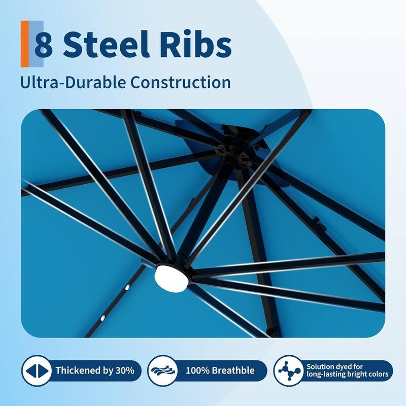10FT Cantilever Patio Umbrella with Solar Lights, 360° Rotation Offset Umbrella