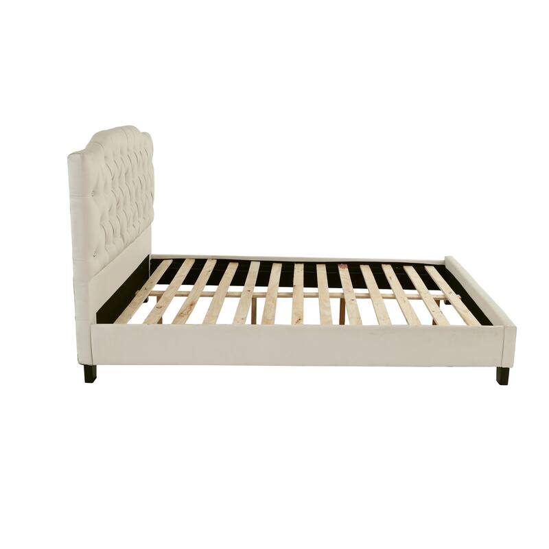 Traditional Style 4pc Bed Dresser Mirror Nightstand Set Bun Feet Button Tufted Headboard Off White Finish Bedroom Furniture