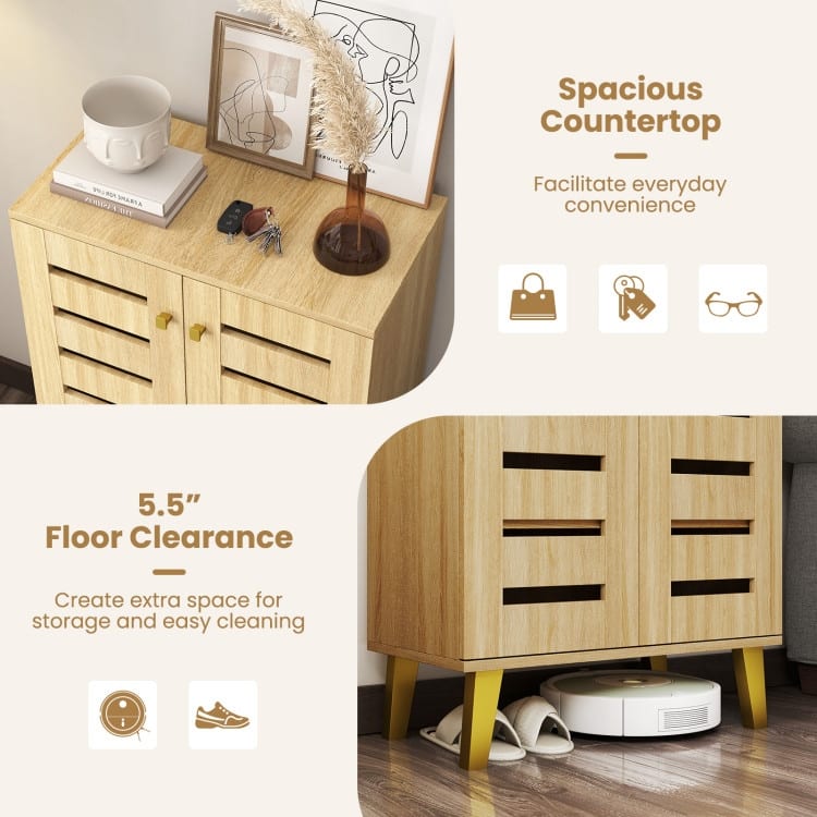 Oak MDF Wooden Shoe Cabinet with Louvered Doors and Removable Shelves - 24" x 13" x 36"