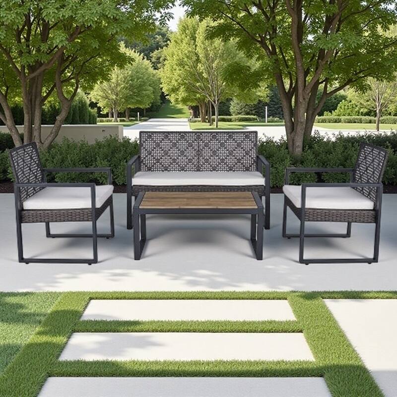 4-Piece Outdoor Patio Set with Double and Single Chairs, Acacia Wood Table, Durable PE Rattan Frame, Waterproof Cushions - Brown