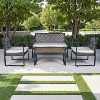 4-Piece Outdoor Patio Set with Double and Single Chairs, Acacia Wood Table, Durable PE Rattan Frame, Waterproof Cushions