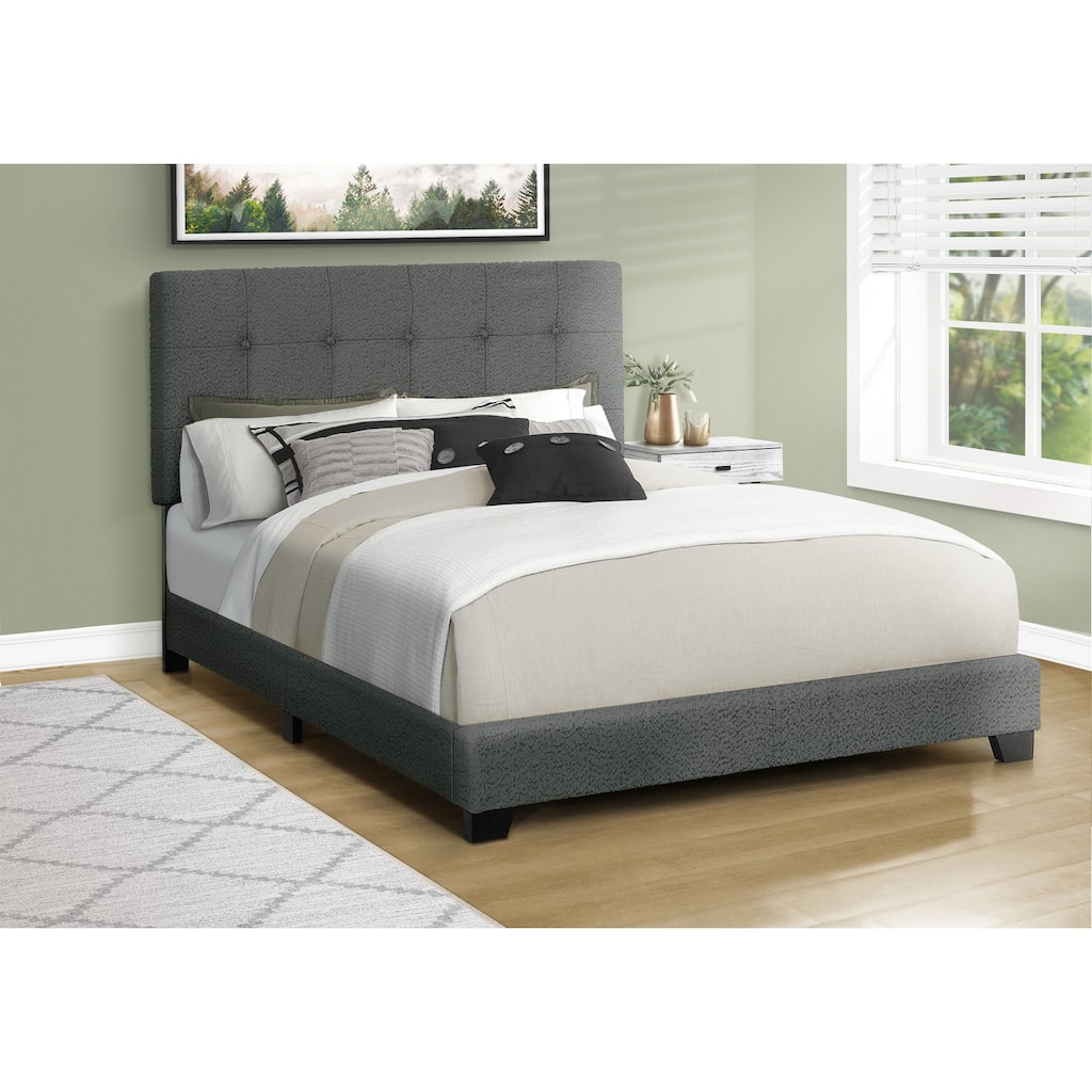 Queen Size Upholstered Bed Frame with Dark Grey Boucle Fabric and Button-Tufted Headboard