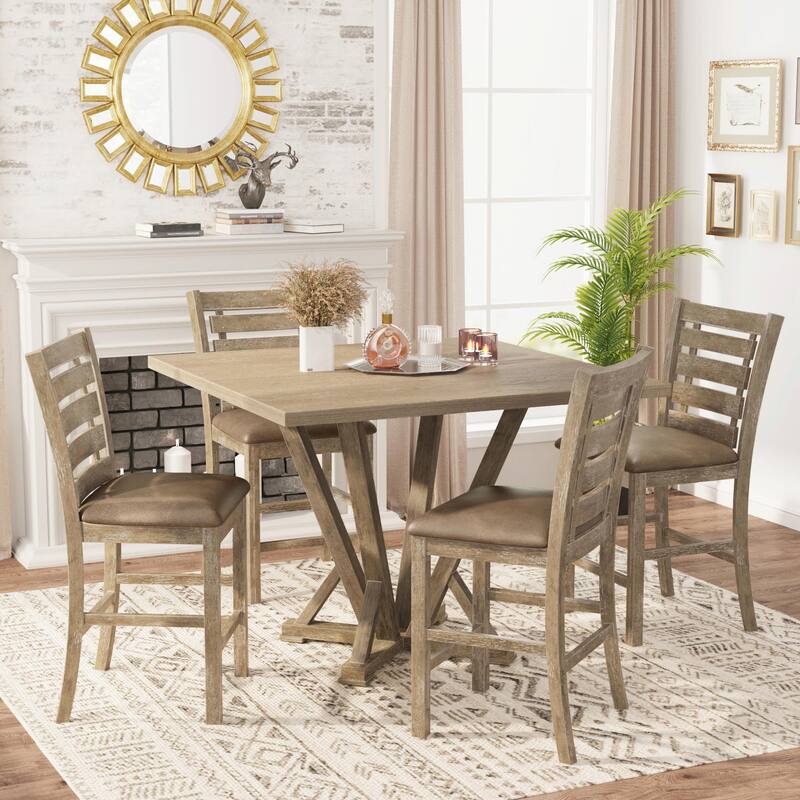 5-Piece Counter Table Set - Square Solid Wood, Modern Farmhouse Rustic Distressed Look - Grayish Brown