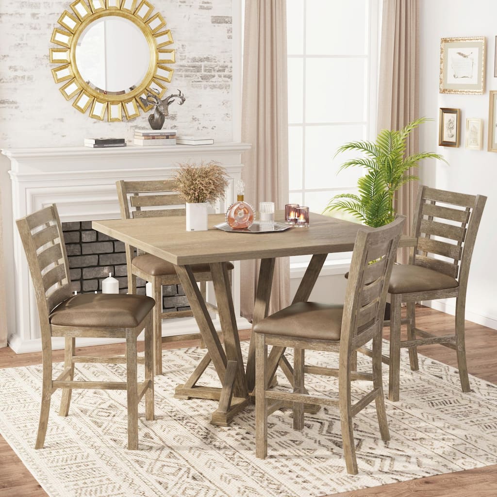 5-Piece Counter Table Set - Square Solid Wood, Modern Farmhouse Rustic Distressed Look