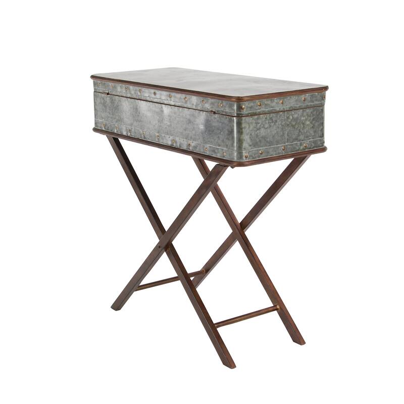 Gray Metal Accent Table with Suitcase Style Top