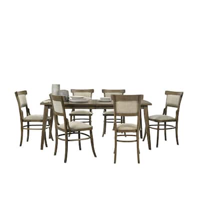 7 Piece Wood Dining Table Set, Rectangular Top, Padded Chairs, Brown Beige