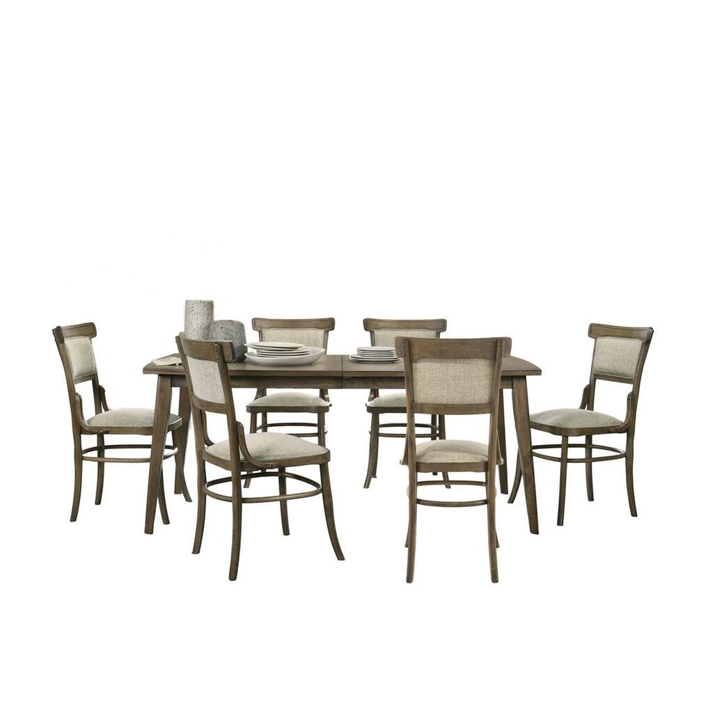 7 Piece Wood Dining Table Set, Rectangular Top, Padded Chairs, Brown Beige