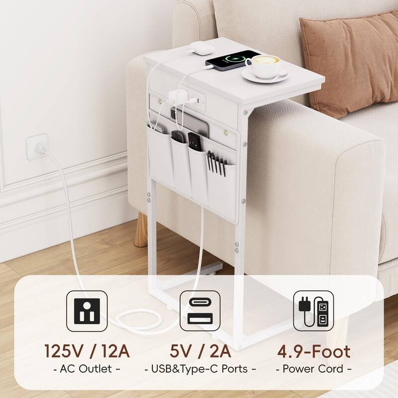 C Shaped End Table with Charging Station - 16.35"D x 10.84"W x 28.23"H