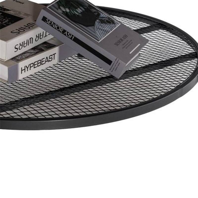31.89in Double-layer Round Brown PVC Density Board Panel Black Base with Silver Pattern Powder-coated Iron Frame Coffee Table