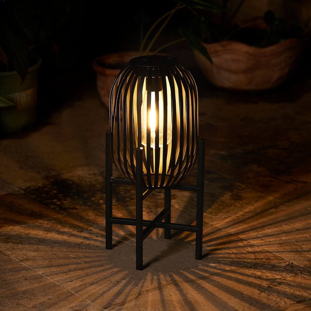 Glitzhome Outdoor Black Metal Striped Freestanding Solar Lantern Deck Lamp