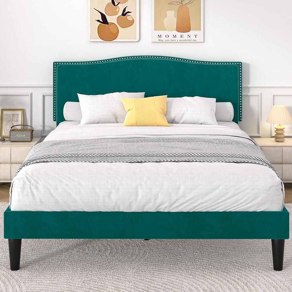 Javlergo Velvet Upholstered Bed Frame with Adjustable Headboard & Nailhead Trim Heavy-Duty Frame with Center Support Leg