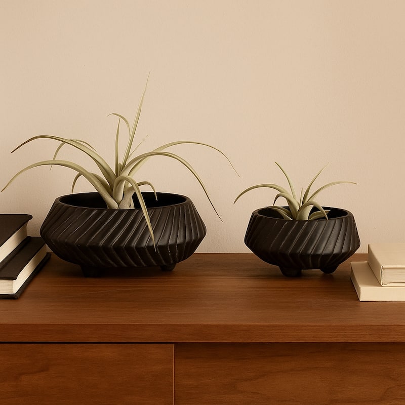 Pottery Tapered Footed Sculpted Textured Bowls-Set of 2-11",15" - 15.0"