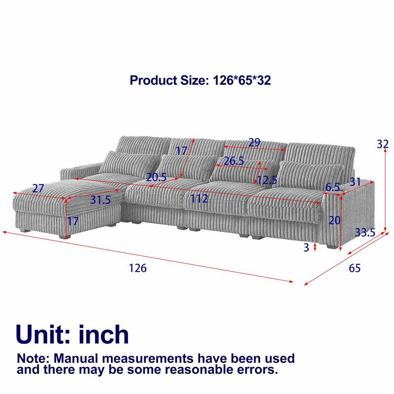 L-Shaped Modular Sectional Sofa with Ottoman, Oversized Corduroy Upholstered Sofa, 4-Seater Sofa with Cup Holders & Charge Port
