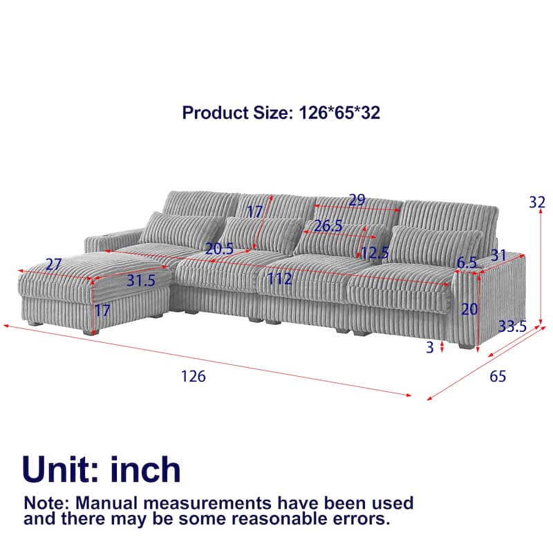 Super Large 126-Inch Corduroy L-Shaped Sofa with Cup Holders, USB Port, Movable Footrest, and 8 Cushions.