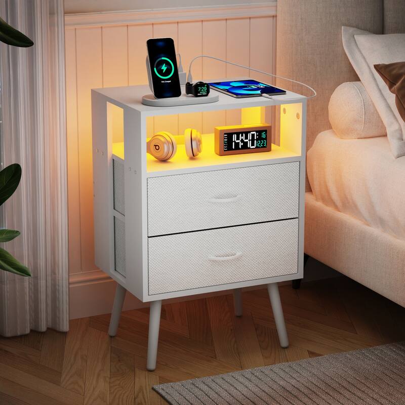 2 Pack Modern Nightstand with Charging Station, Bedside Tables with LED Light and Fabric Drawers